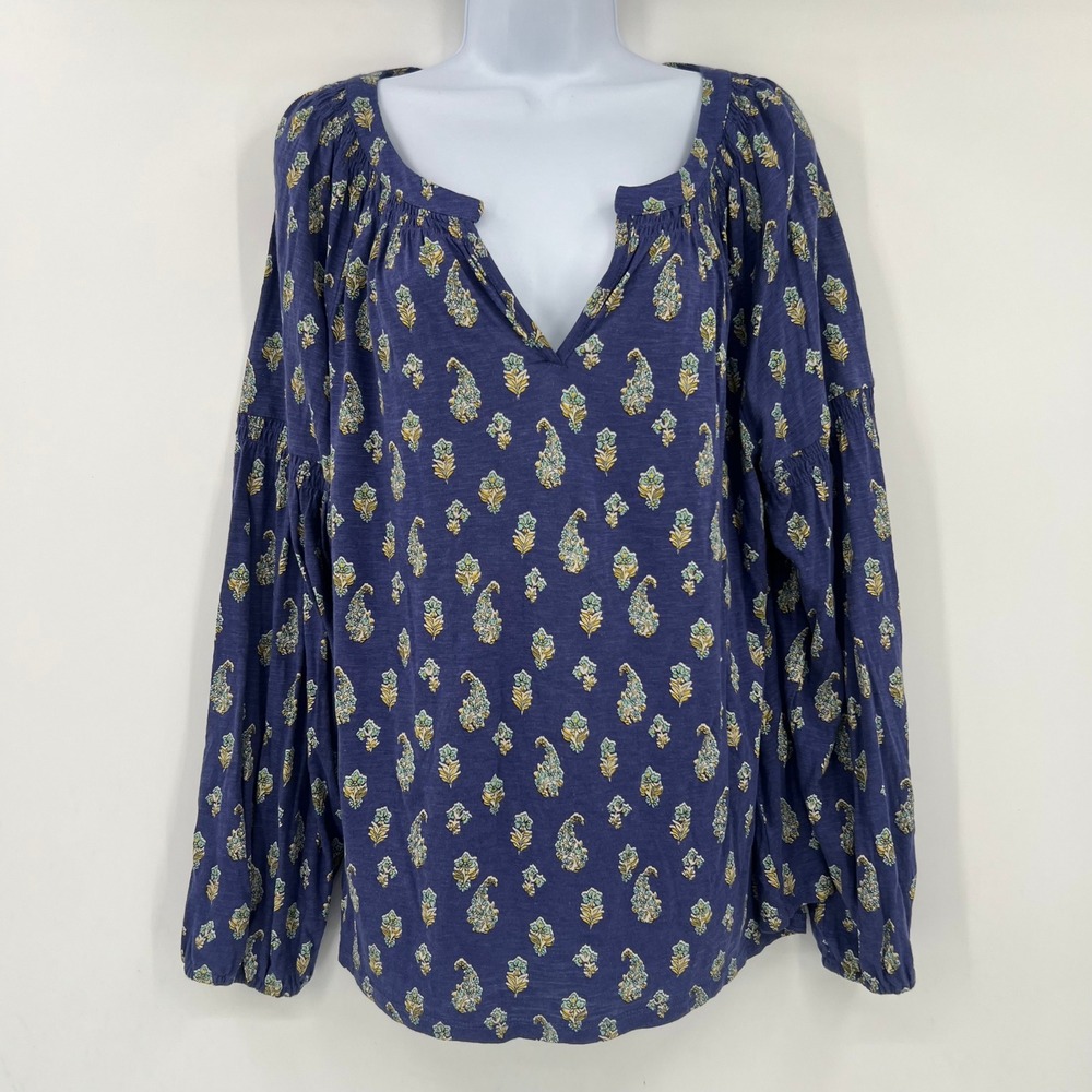 J. Jill Medium Blue Paisley Floral Cotton Tencel Peasant Blouse Split Neck